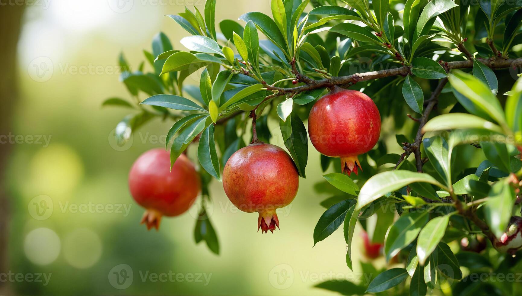 Fresh pomegranates hanging from a lush green tree with vibrant leaves in a blurred natural background creating a serene environment capturing the essence of fruit growth photo