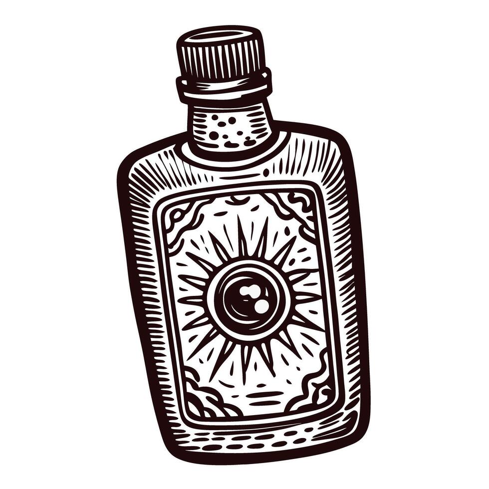 Vintage sun emblem engraved bottle with decorative cap in monochrome design vector