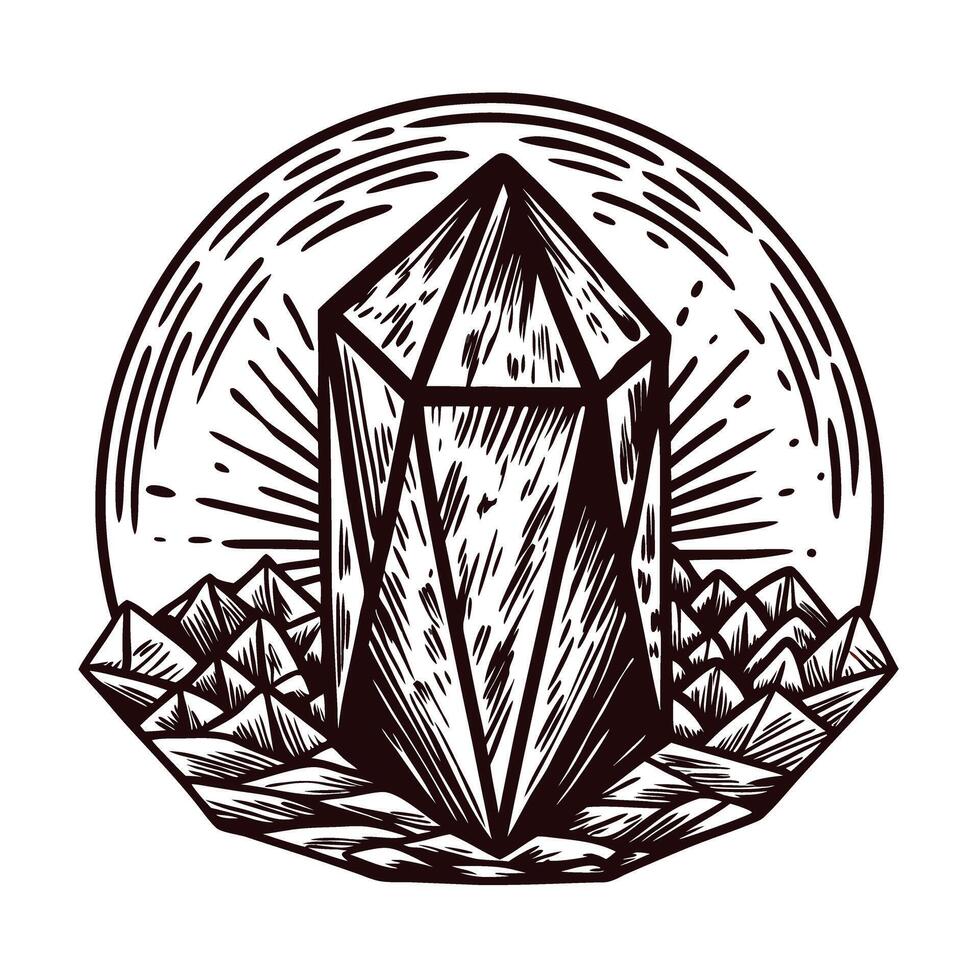 Intricate crystal drawing surrounded by mountains in a circular design vector