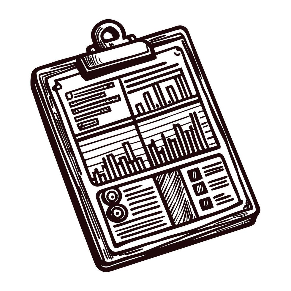 Vintage clipboard with charts and graphs depicting data analysis and business statistics vector