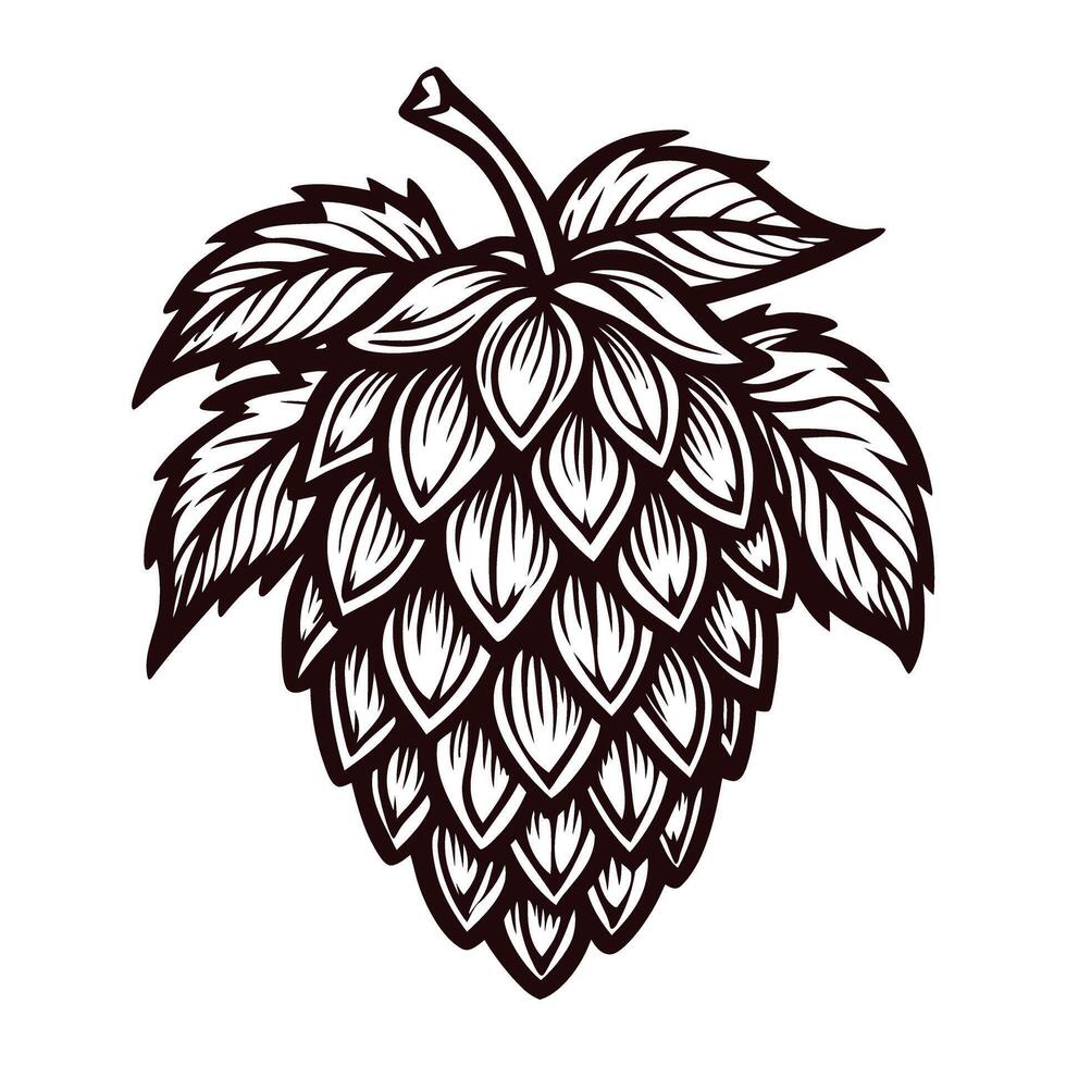 Detailed black and white of a hop cone with leaves vector