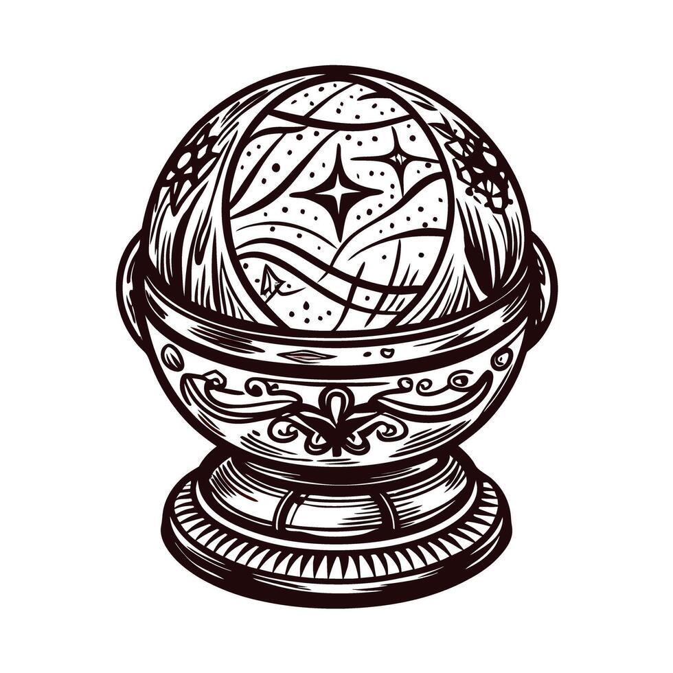 Intricate ornate crystal ball design with celestial patterns in black and white vector