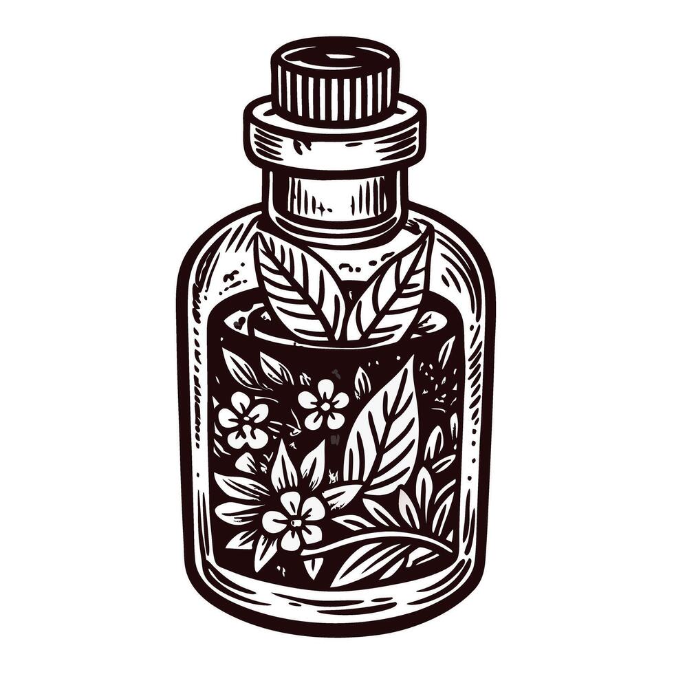 Herbal elixir bottle adorned with leaves and flowers in vintage drawing vector