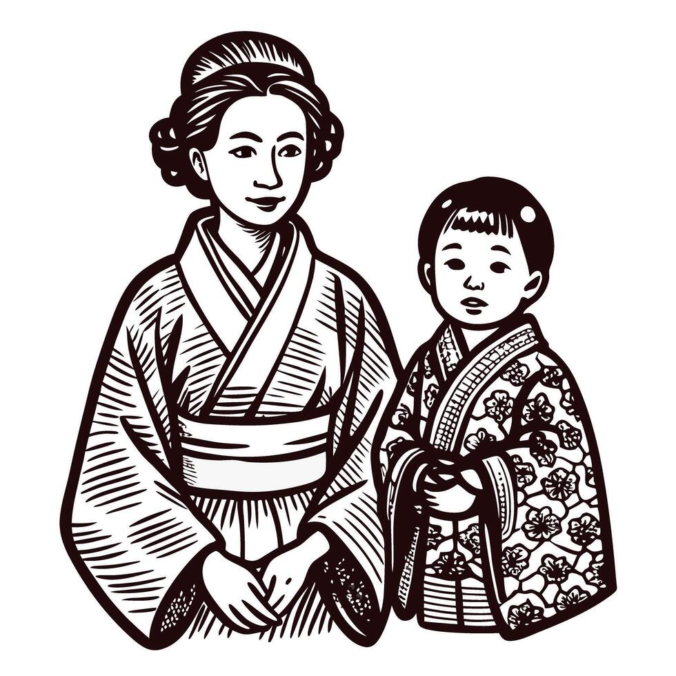 Asian woman and child in traditional attire, elegantly posed with intricate patterns, showcasing cultural heritage vector