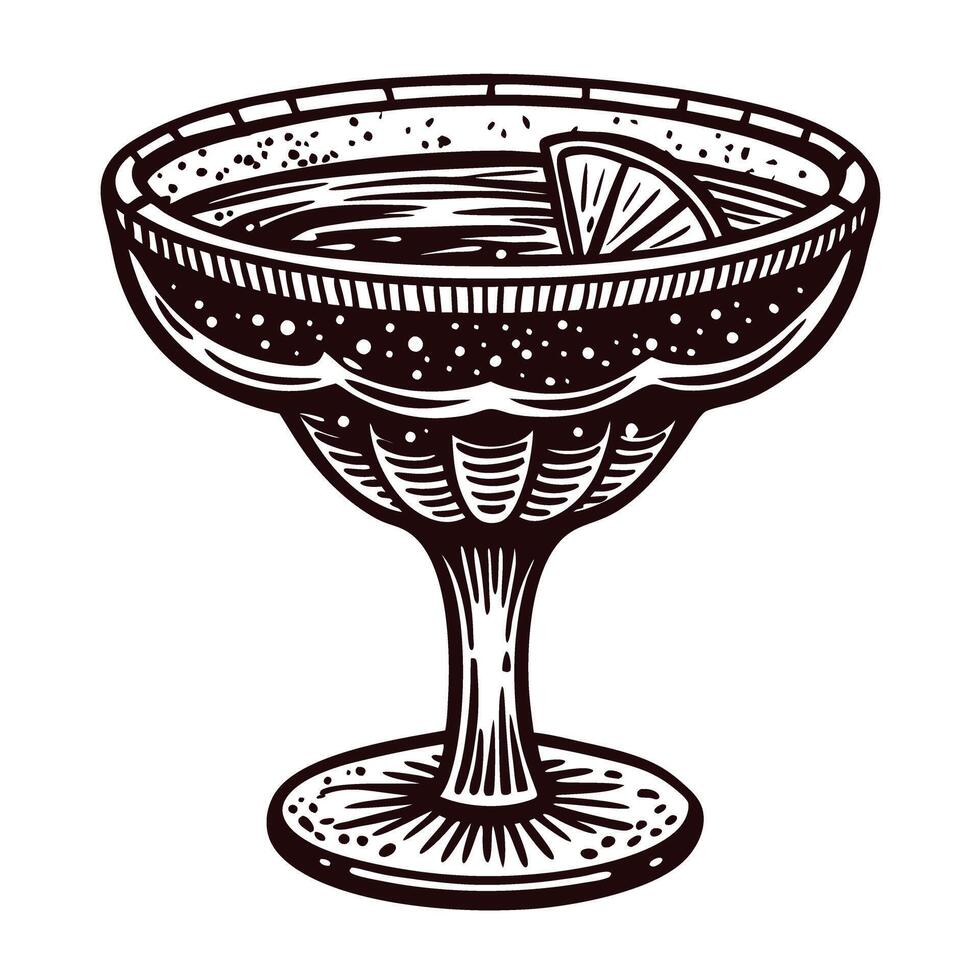 Vintage cocktail glass with lemon wedge in intricate hand drawn etching vector