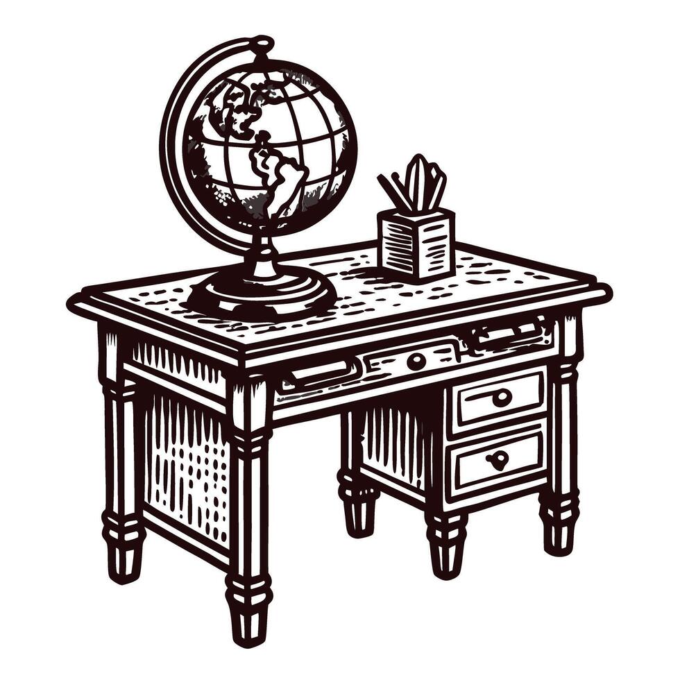 Vintage wooden desk with globe and stationery for academic studies vector