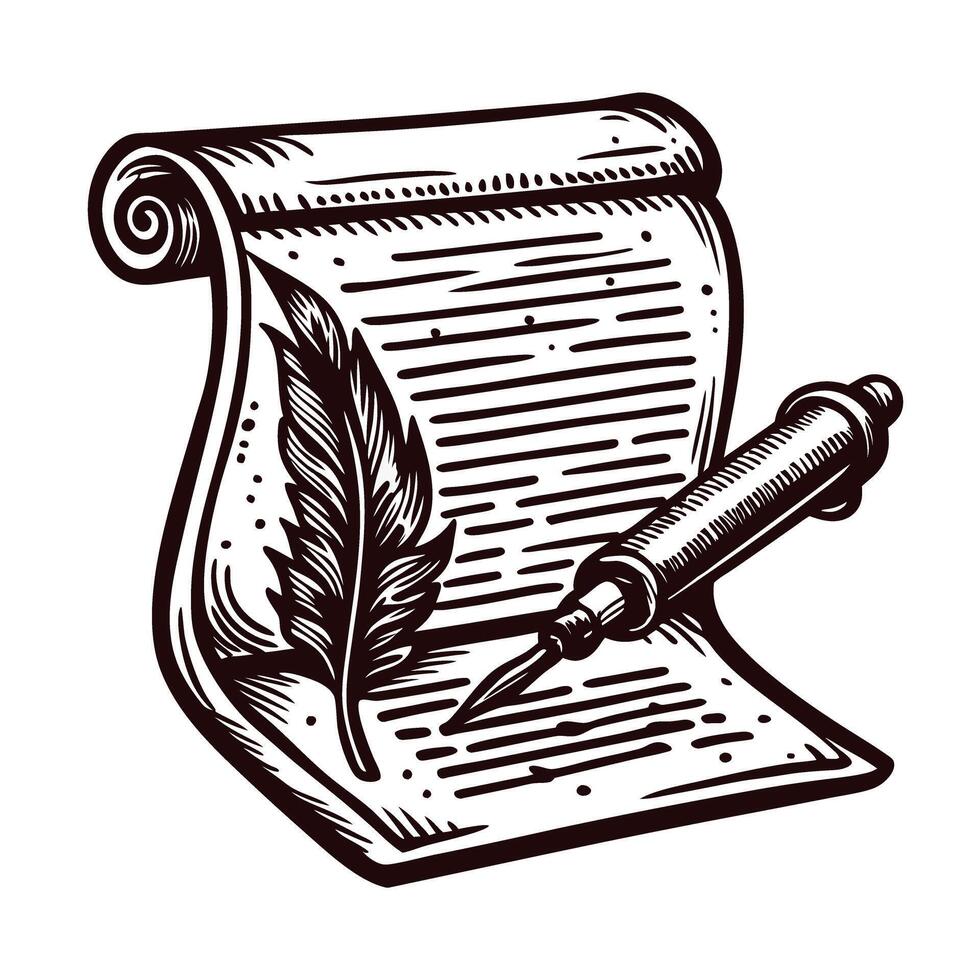 Vintage scroll with feather quill and ink pen on parchment background in classic vector
