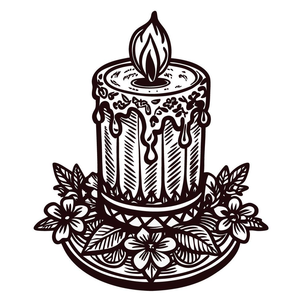 Ornate candle with intricate wax drippings surrounded by floral arrangement in black and white vector