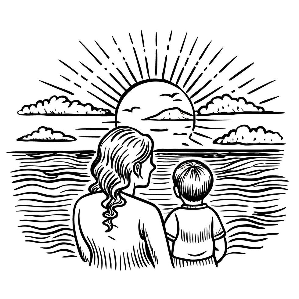 Caucasian woman and child watching ocean sunset with clouds and sun rays in a serene black and white landscape vector