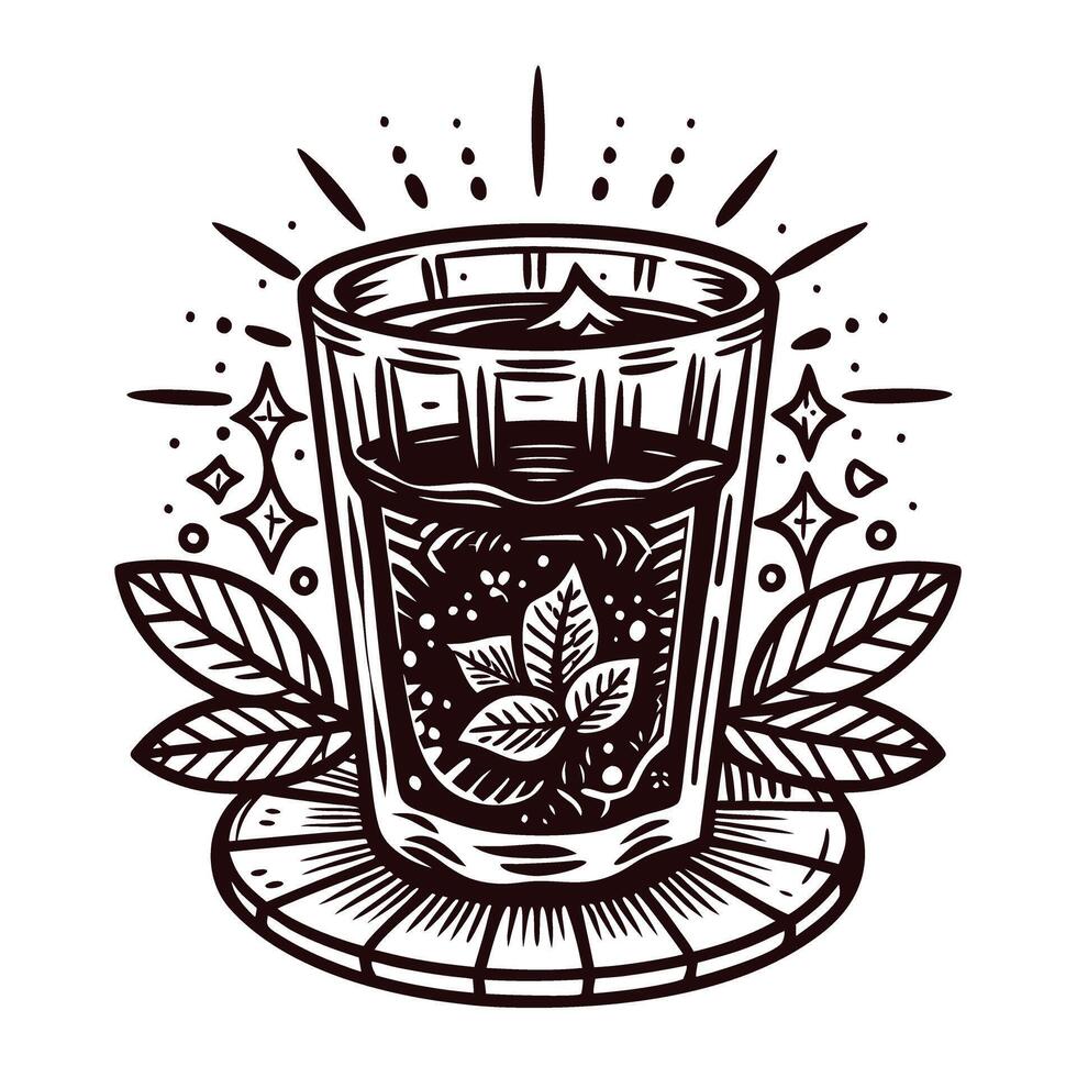 Ornamental herbal drink with mint leaves in intricate monochrome design vector