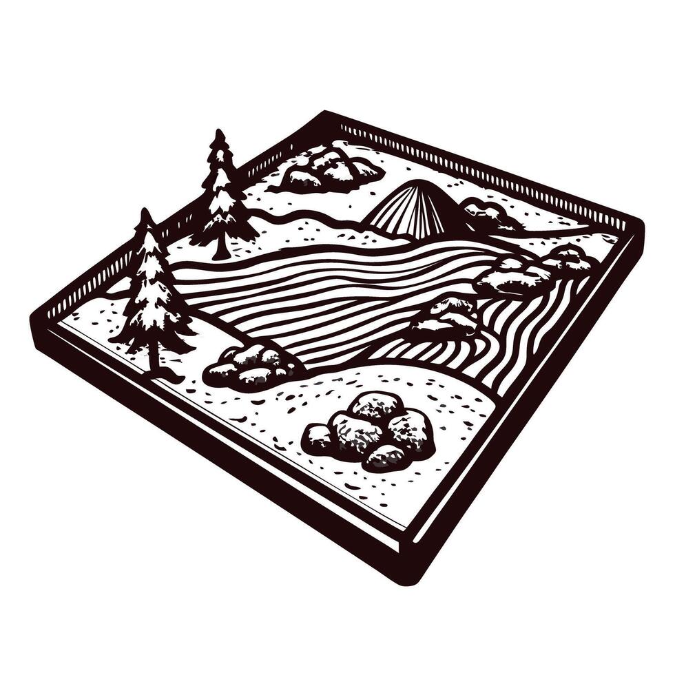 Isometric black and white landscape with mountains and trees, featuring geometric design vector