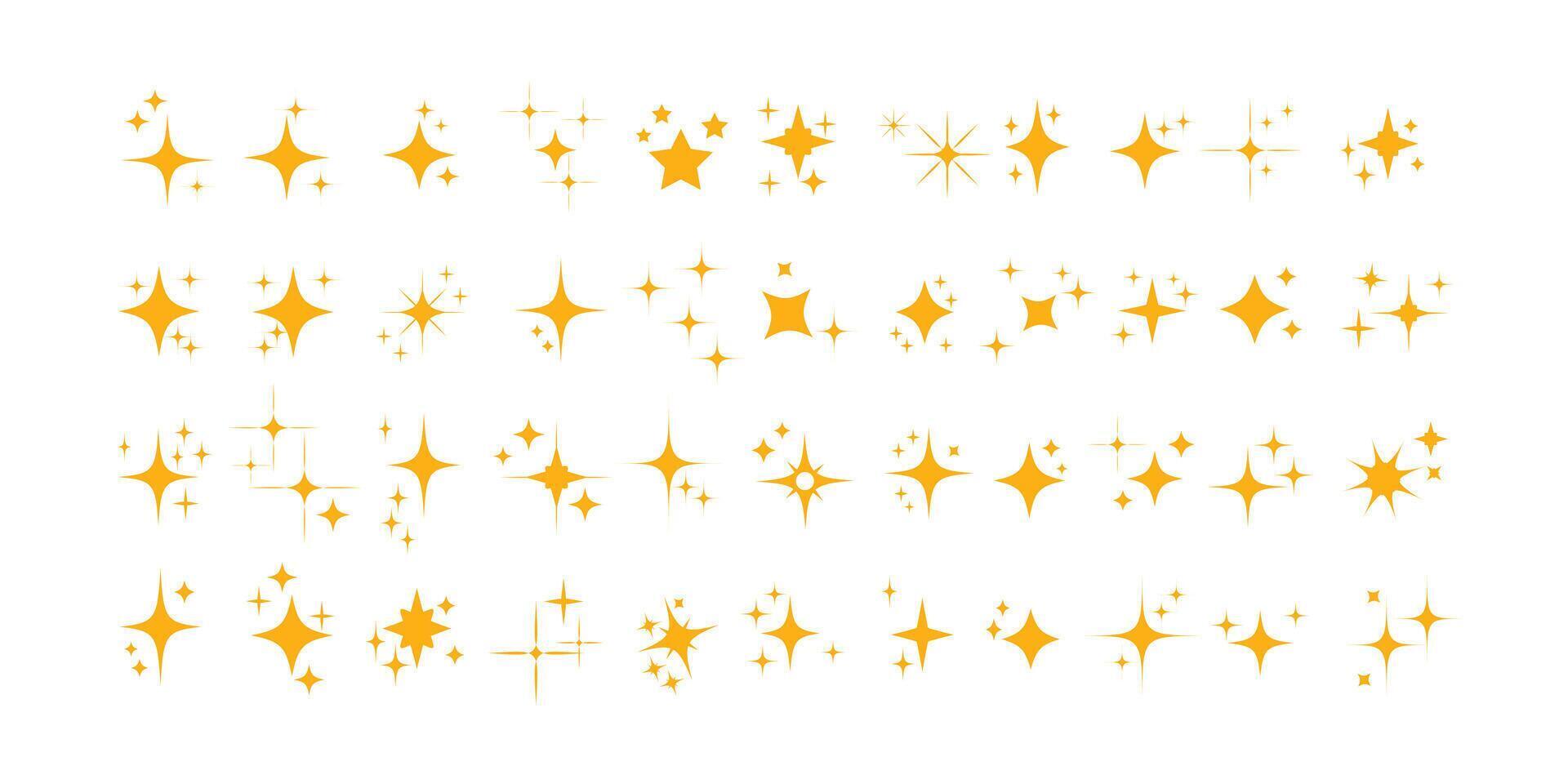 Collection of different yellow sparkling stars icon, decorative twinkle and bursts forms, abstract shining flash symbols, glowing light effect, y2k style basic shapes geometric graphic elements. vector