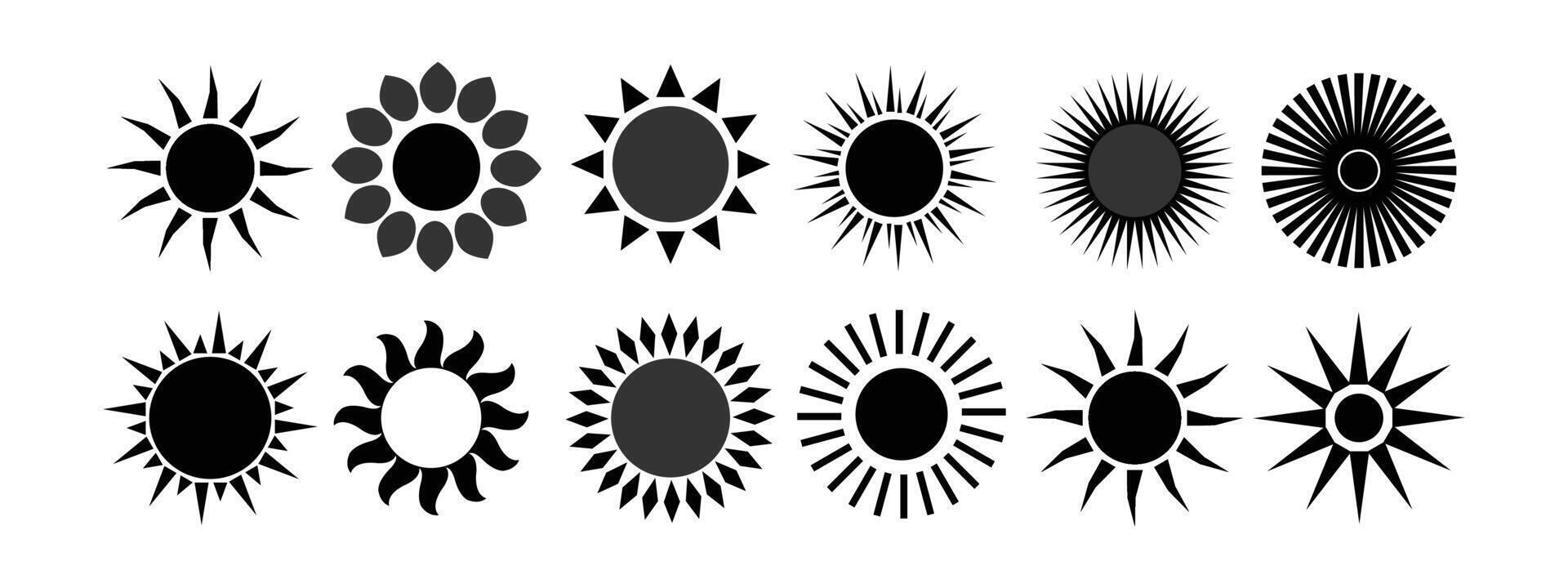 Sun icon set in black color isolated set. Set of 12 suns icon collection in different style black color. Solar summer icon isolated on white background. Flat design. vector