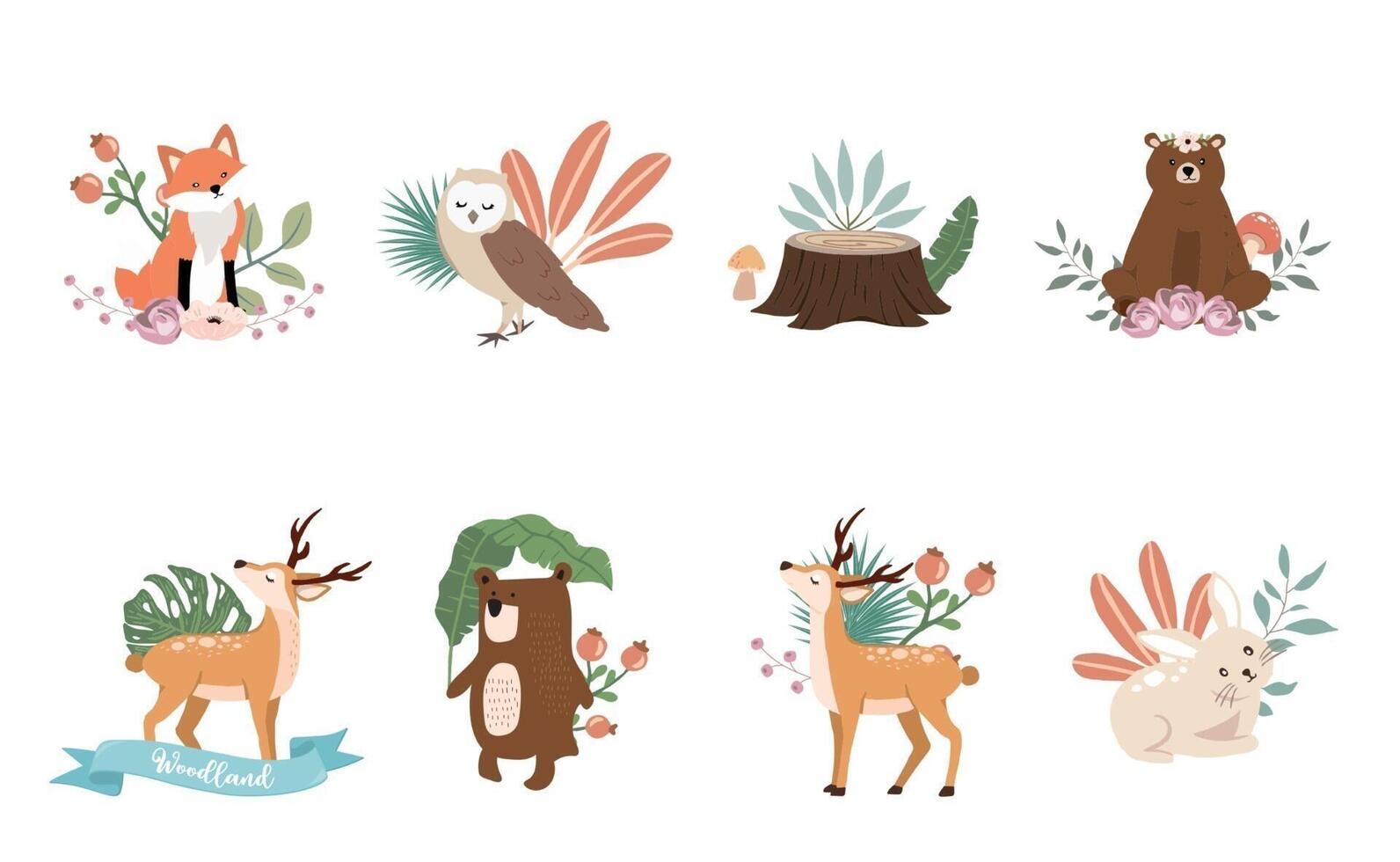 Cute woodland object collection with bear,owl,fox,deer,mushroom and leaves. illustration for icon,sticker,printable vector
