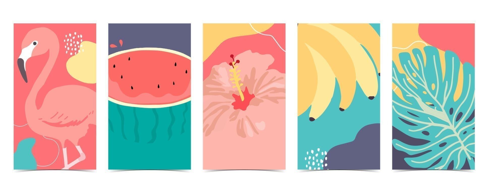 summer background for social media.Set of instagram story with flamingo,watermelon,banana vector