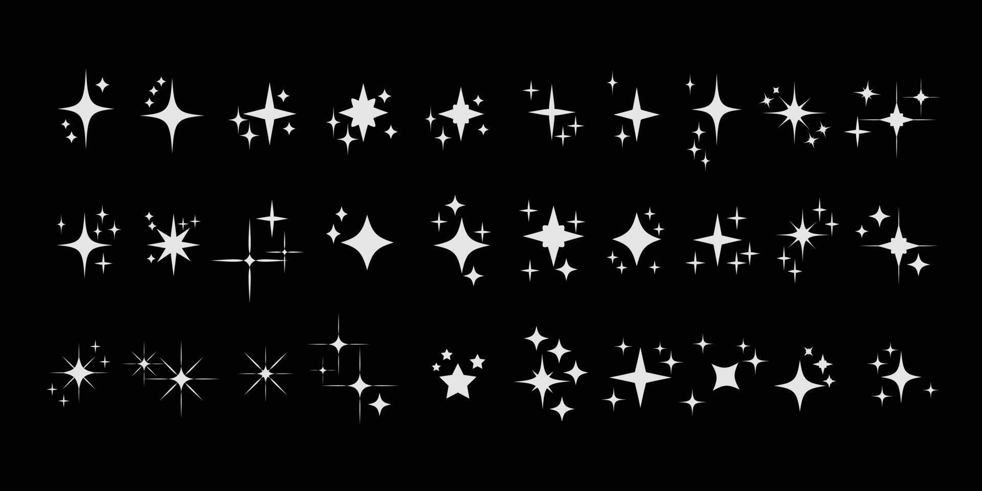 Set of blinking stars collections. Star icons. Twinkling stars. Sparkles, shining burst. Christmas symbols isolated. Retro futuristic bright icons vector