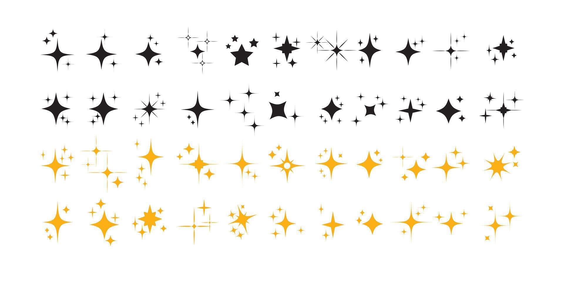Collection of different color sparkling stars icon, decorative twinkle and bursts forms, abstract shining flash symbols, glowing light effect, y2k style basic shapes geometric graphic elements. vector
