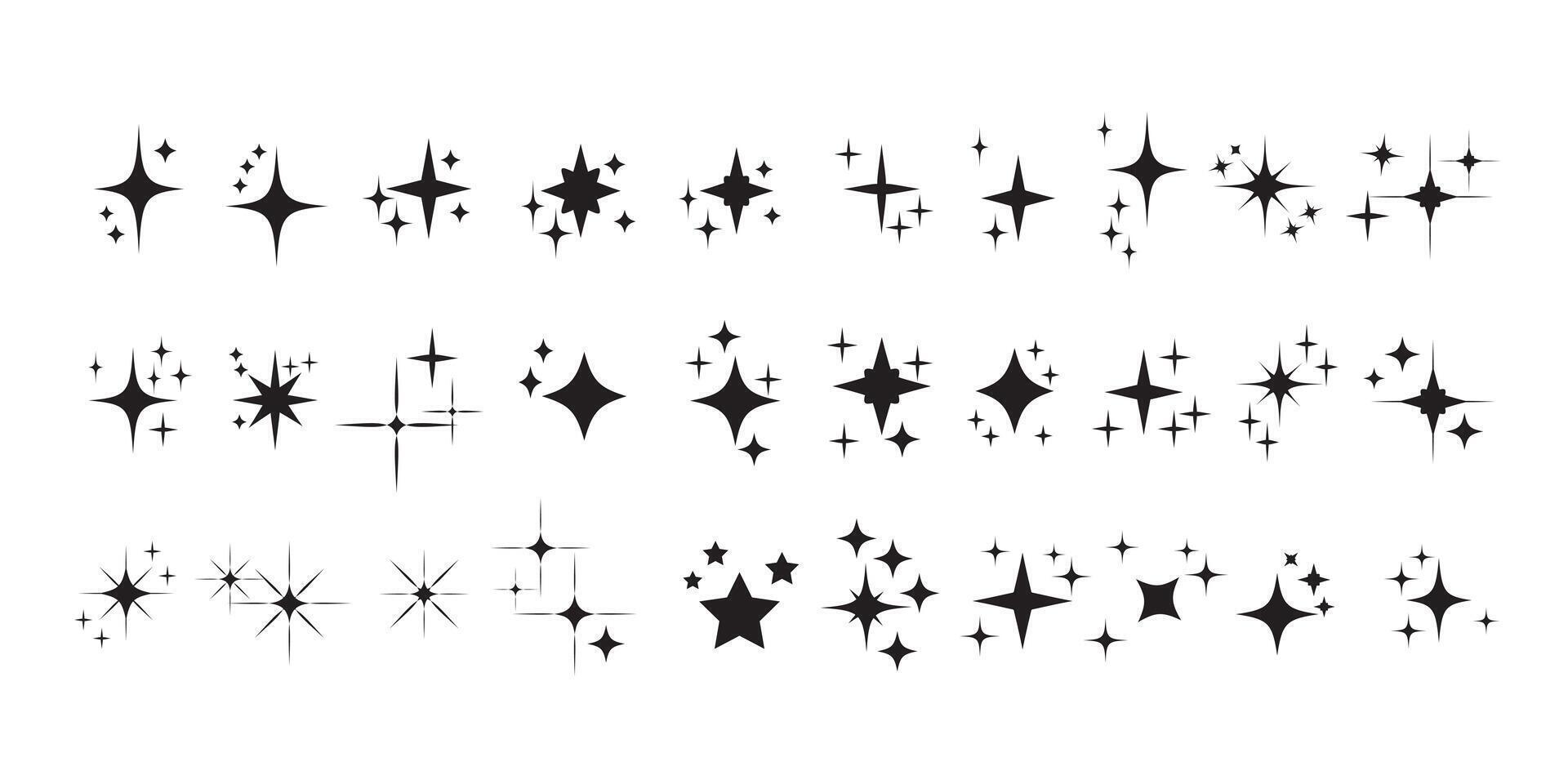 Set of Clean black shining icons. Sparkle Sign. Flash symbol. Twinkle star shapes design. Set of Star Shapes. Christmas stars icons. vector