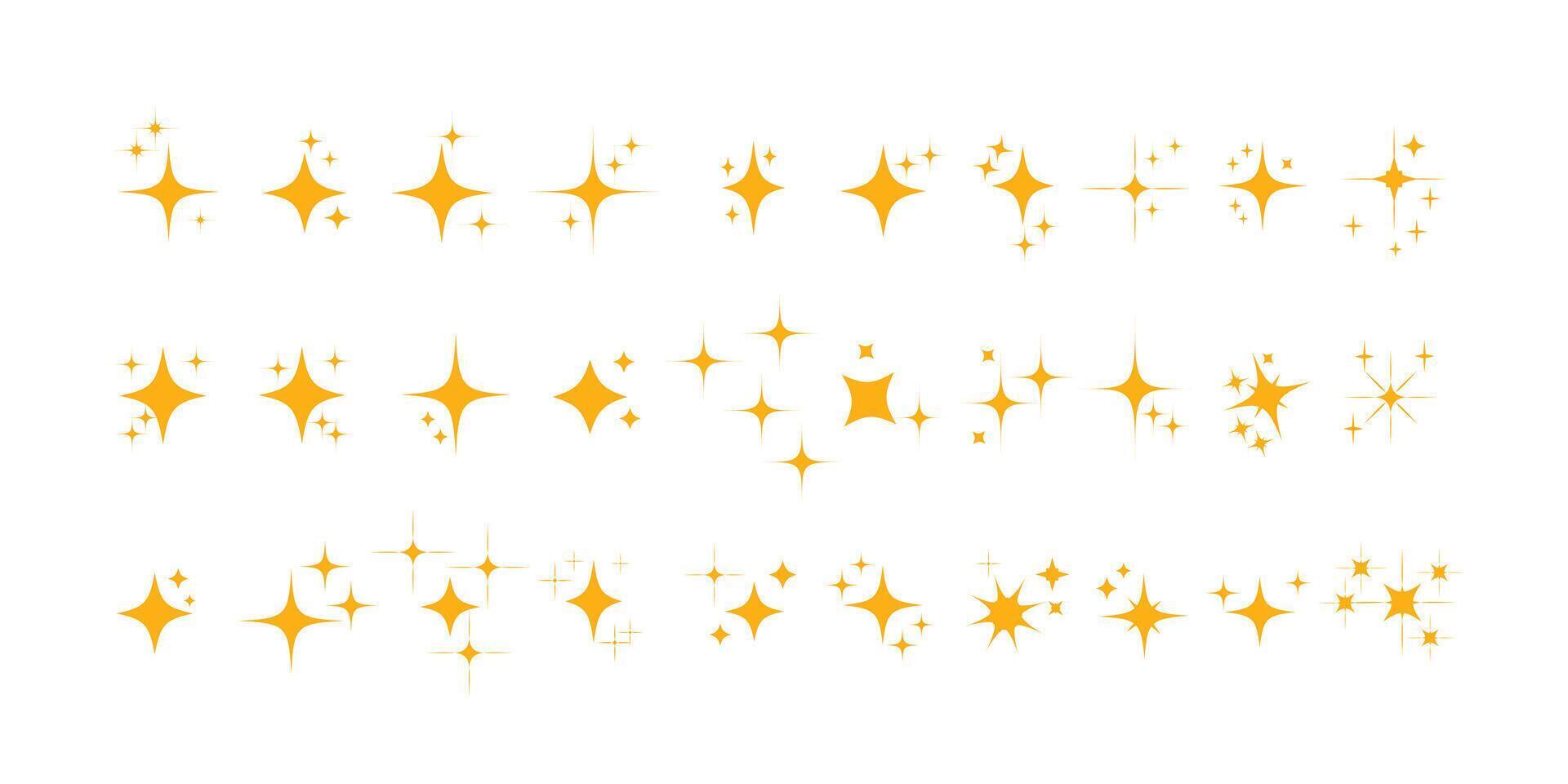 Set of yellow blinking stars collections. Star icons. Twinkling stars. Sparkles, shining burst. Christmas isolated. Retro futuristic bright icons vector