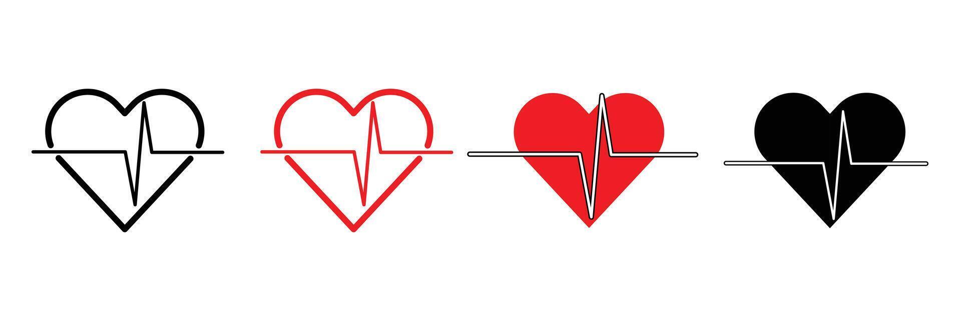 Heart beat pulse flat icon in different type. Heart shape with pulse line. Heart rate, Heart and cardiorgam line icon set. vector