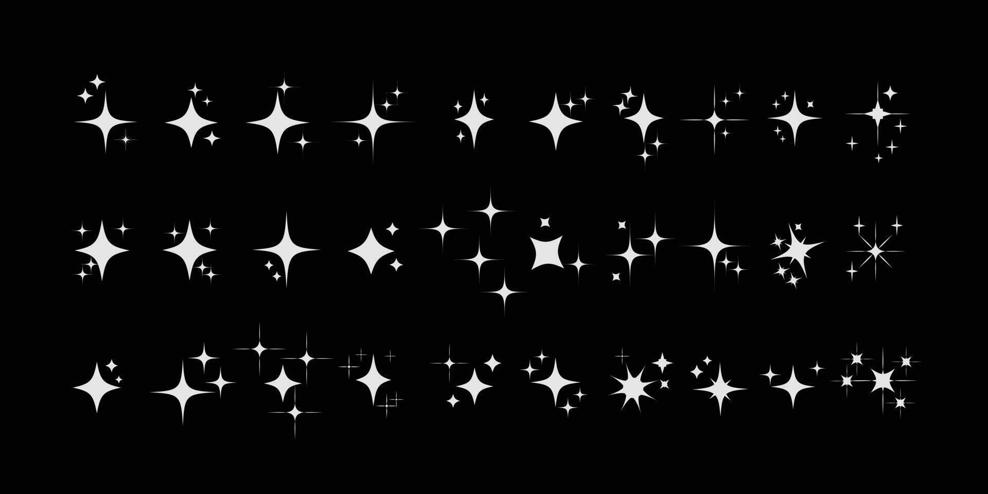 Collection of different sparkling stars icon, decorative twinkle and bursts forms, abstract shining flash symbols, glowing light effect, y2k style basic shapes geometric graphic elements. vector