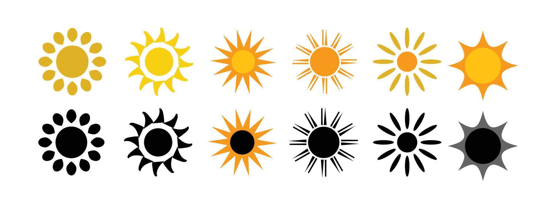 black and yellow sun icons with various shapes. Abstract Simply Sun Icons. vector