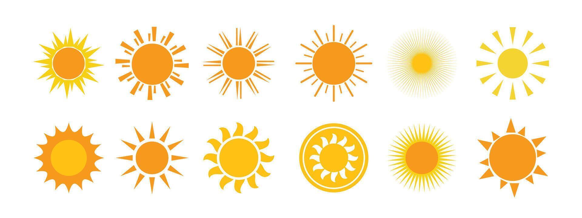 Sun icon set. Yellow sun icons. Shine sun ray set. Sunset icon collection. Yellow sun star icons. vector