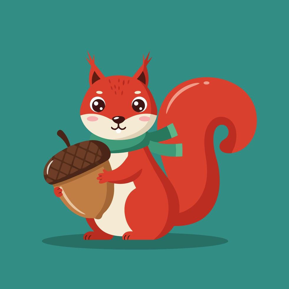 Cartoon Squirrel Holding Acorn with Green Scarf vector