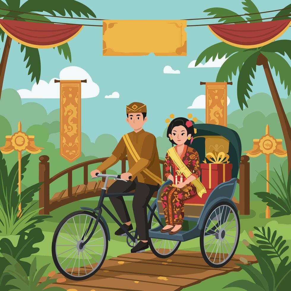Couple Riding Cycle Rickshaw on Bridge Through Lush Landscape vector