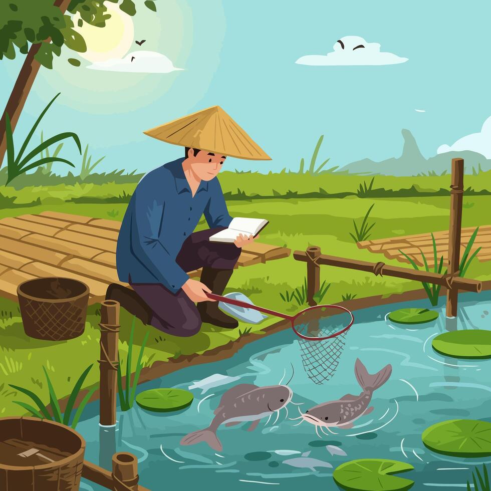 Person Fishing in Pond with Net Illustration vector