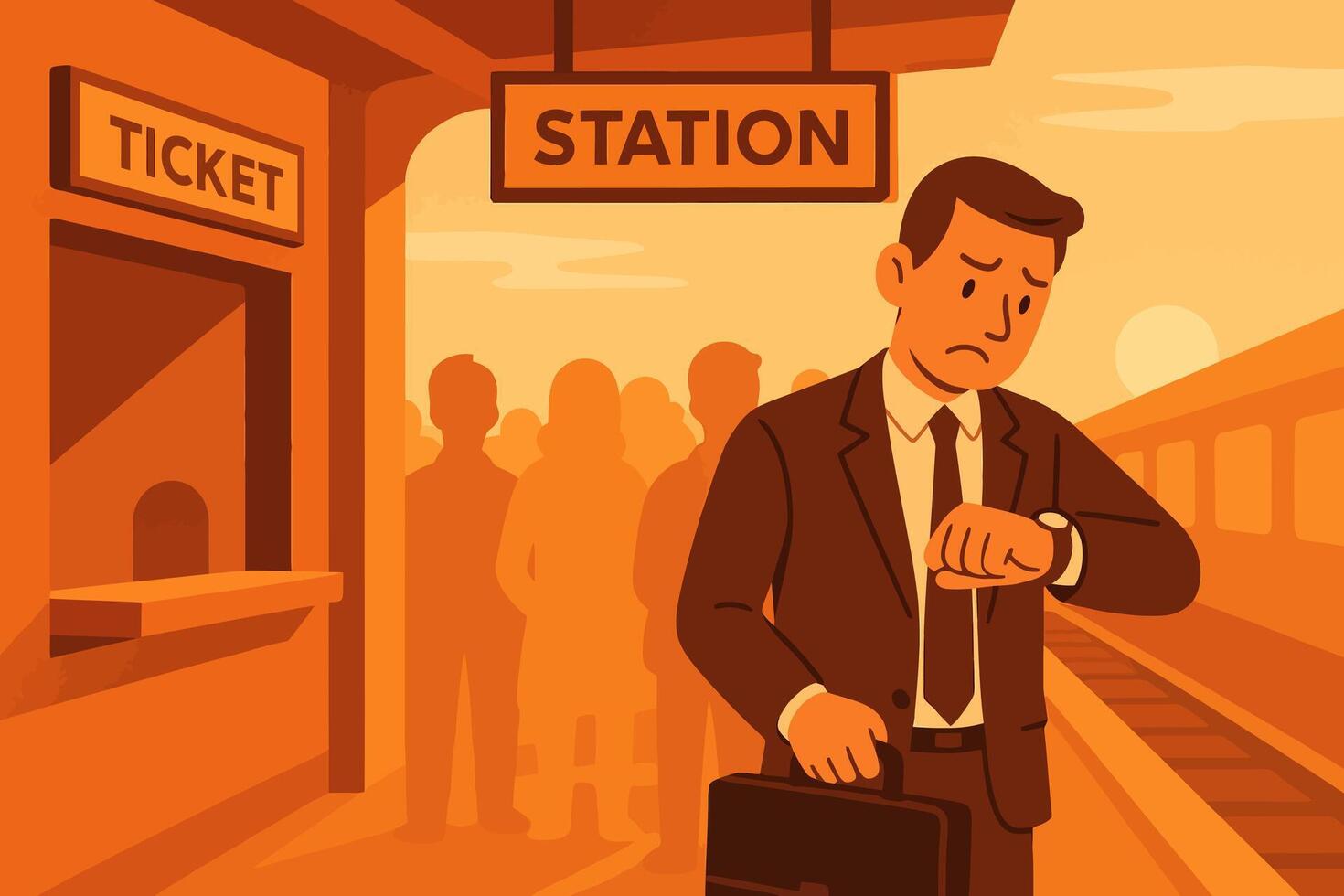 Man Checking Watch at Station Waiting for Train Departure vector