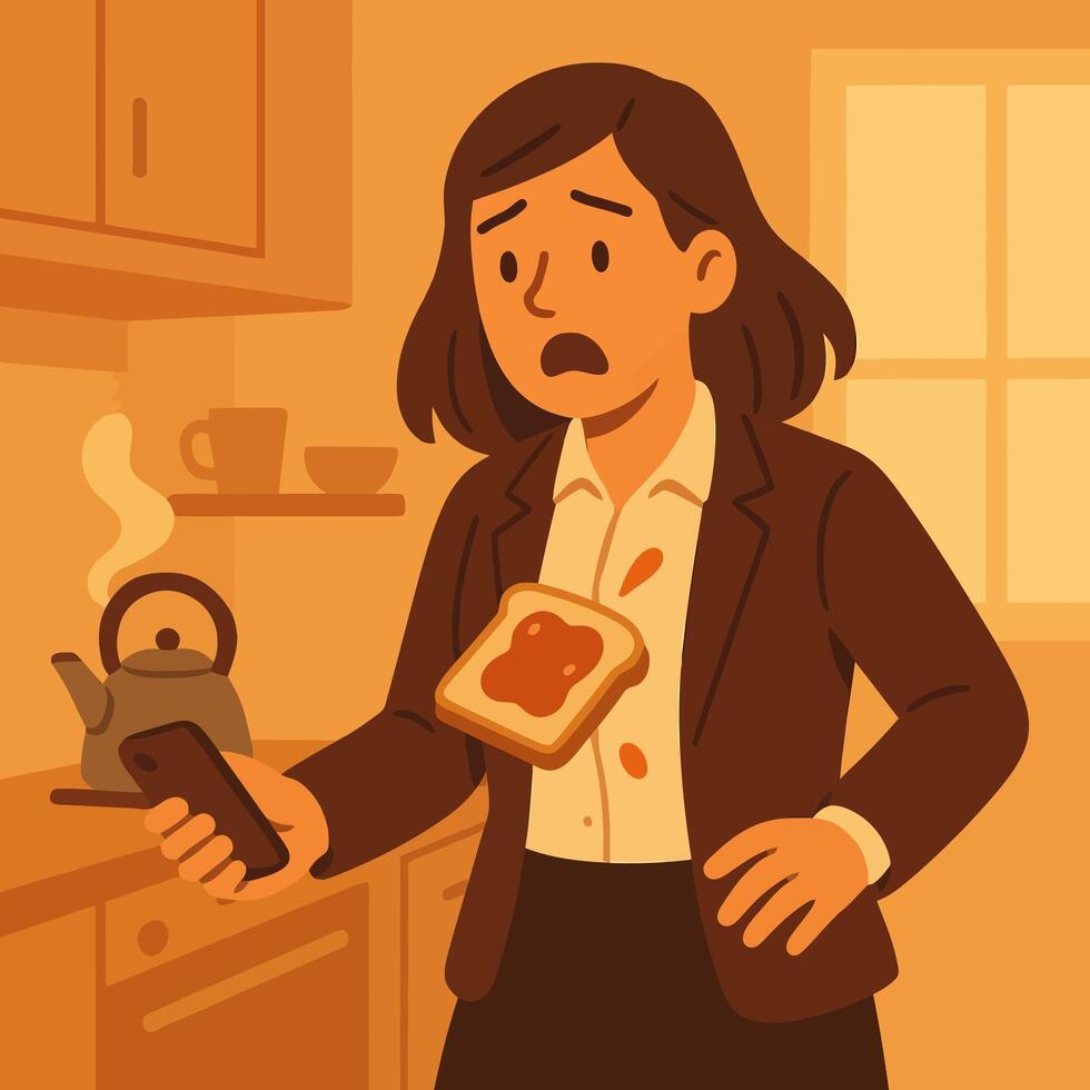 Woman Dropping Toast with Jam While Using Phone in Kitchen vector