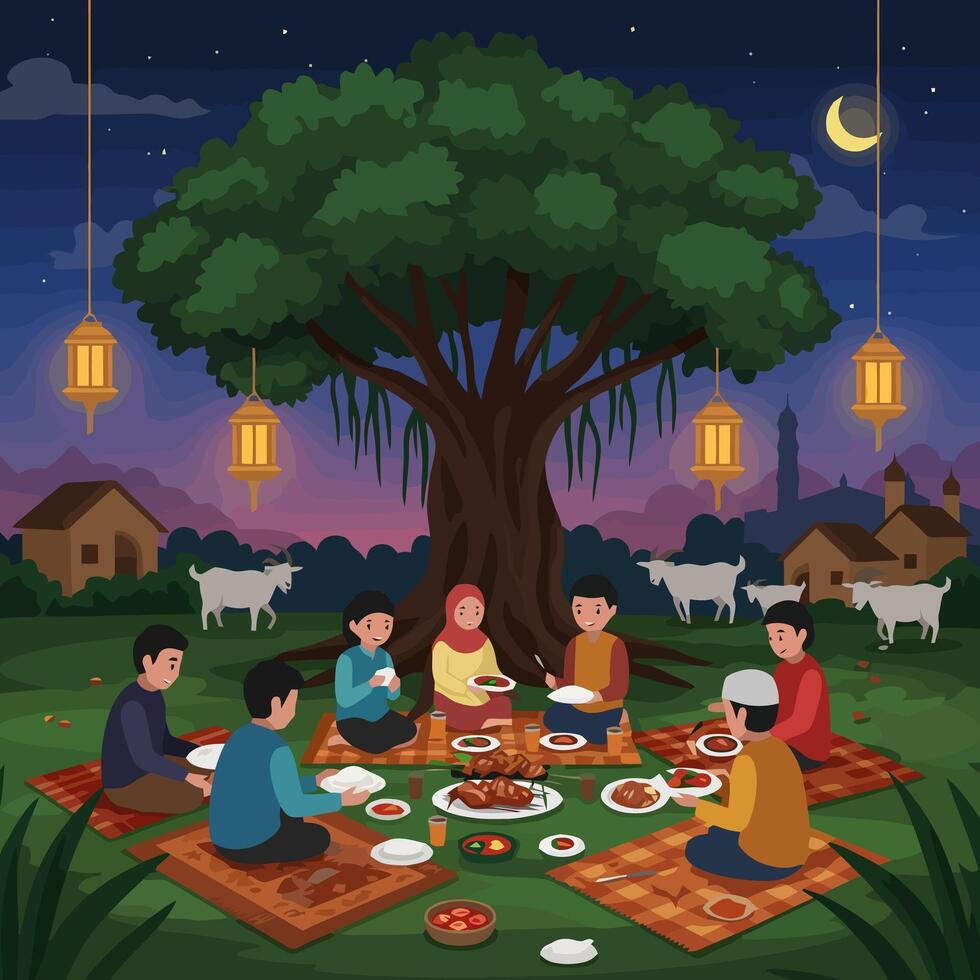 People Having Picnic at Night Under a Tree vector
