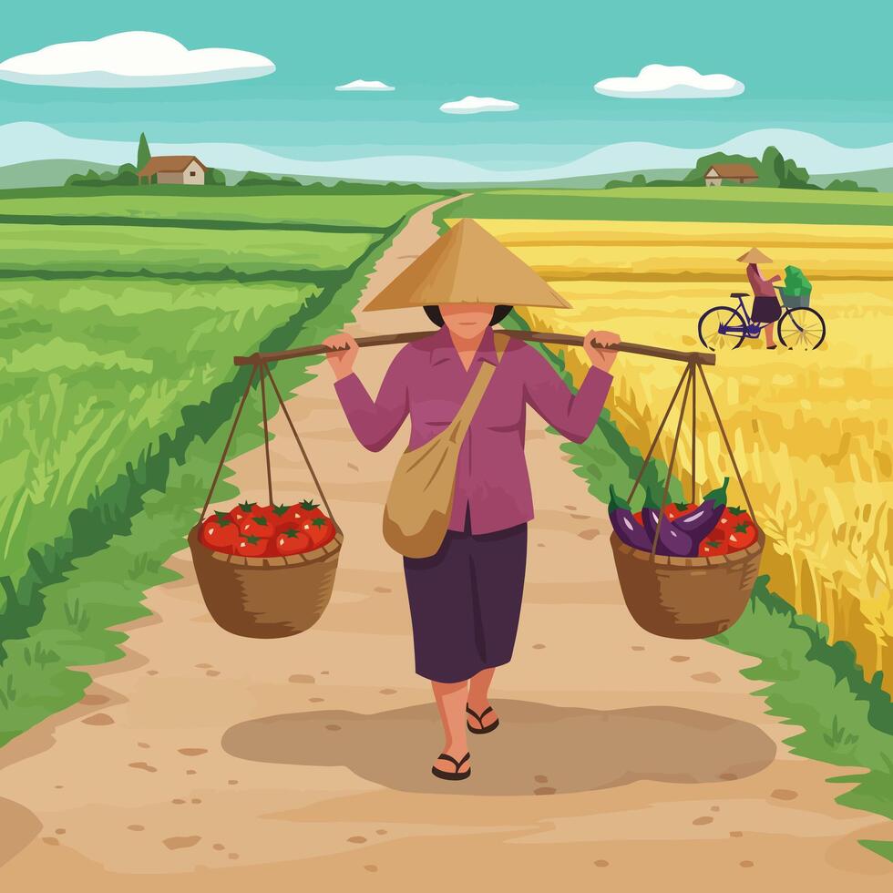 Walking Farmer Carrying Crops in Rural Setting Illustration vector