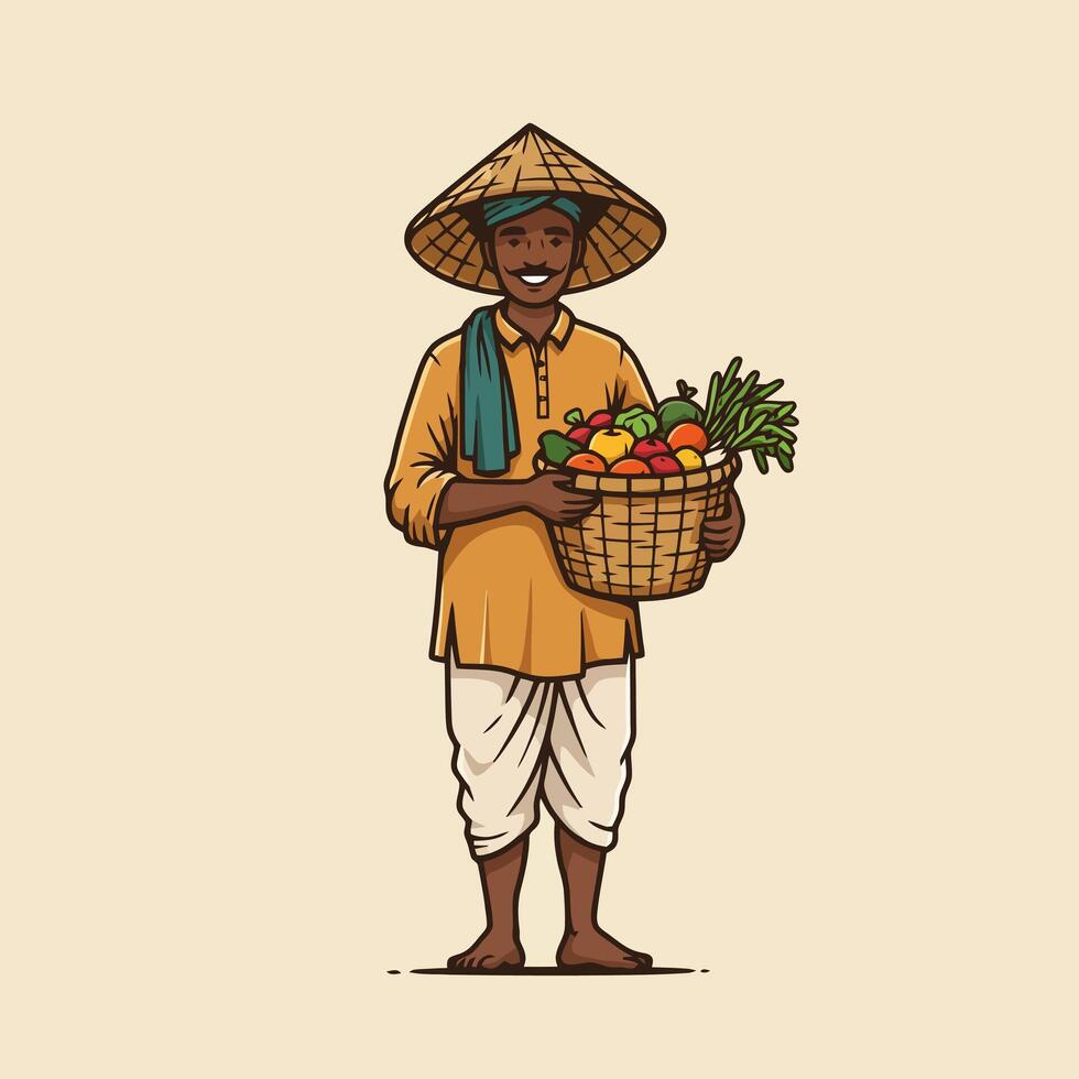 Farmer Holding Basket with Fresh Produce Art vector