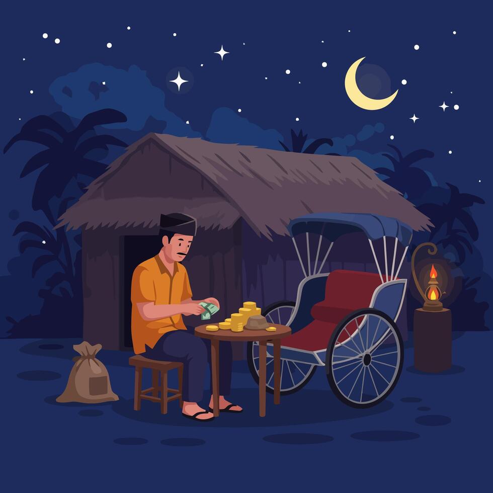Man Counting Money at Night Near Hut and Rickshaw vector