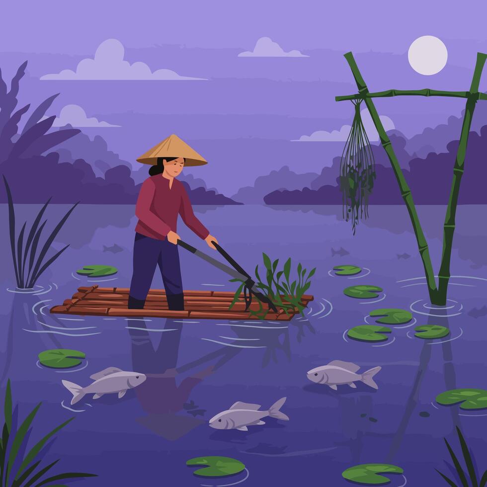 Person Harvesting Weeds in Water with Boat Under Full Moon vector
