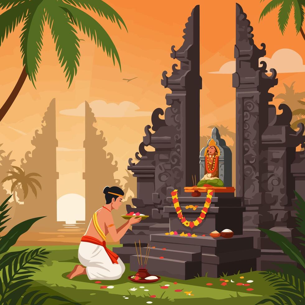 Person Praying at Stone Shrine with Offerings and Palm Trees vector