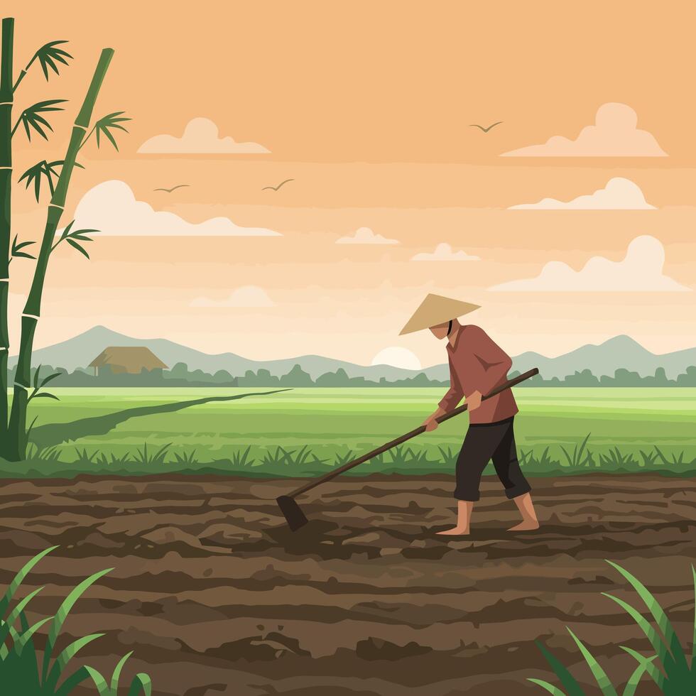 Working Farmer Plowing Soil in Rice Field Countryside vector