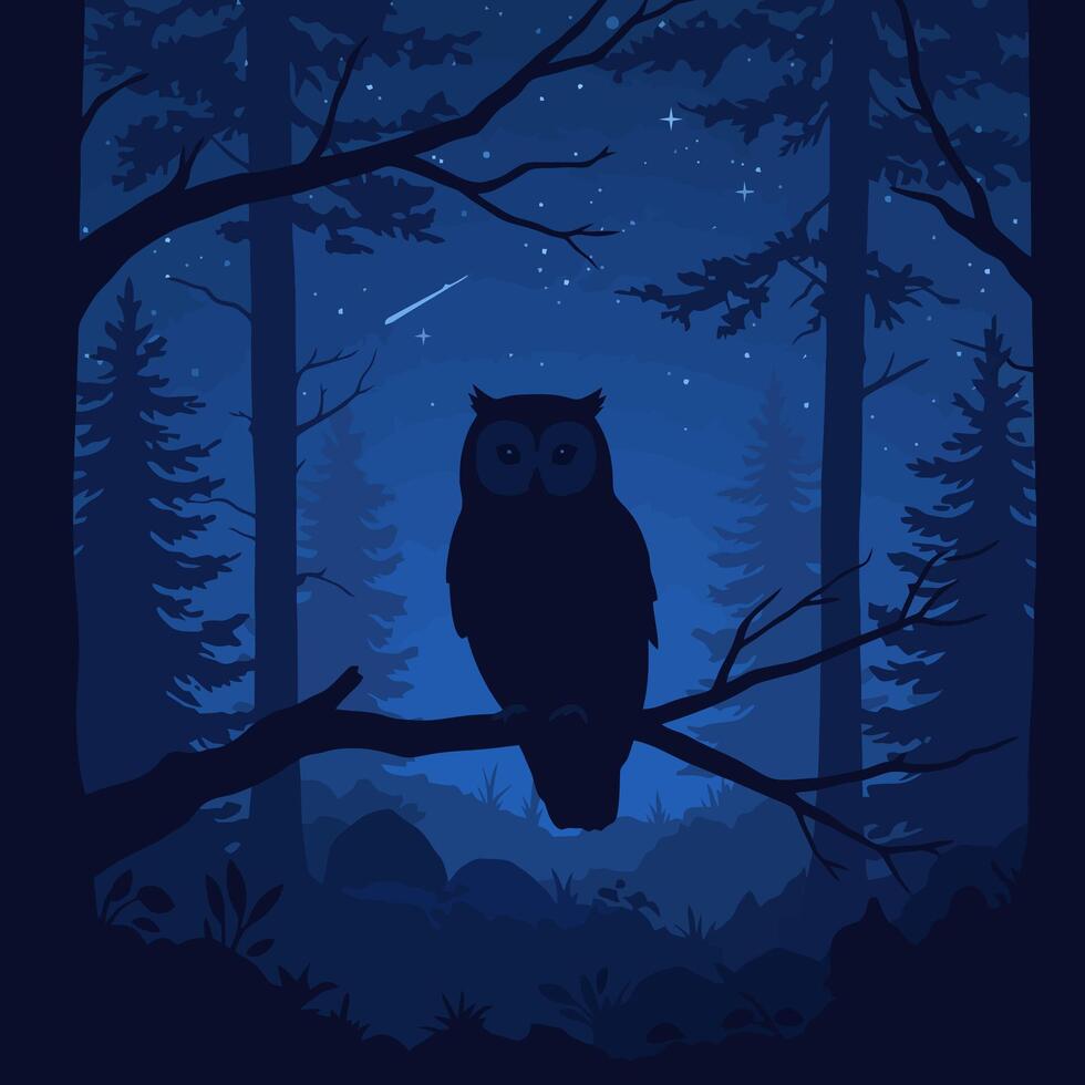 Owl Perched on Branch in Night Forest Scene vector