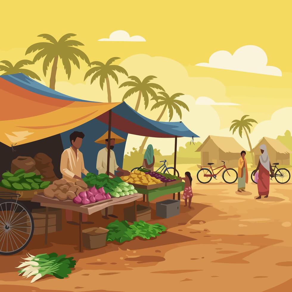 Selling Fresh Produce at Outdoor Village Marketplace vector