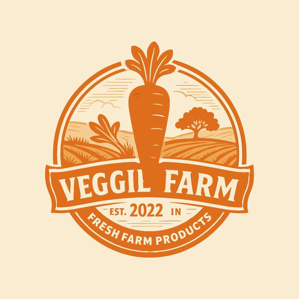 Carrot Farm Emblem with Field and Tree Illustration vector