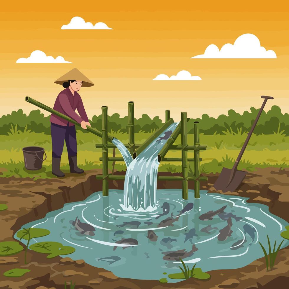 Farmer Works with Bamboo Irrigation System for Fish Pond vector