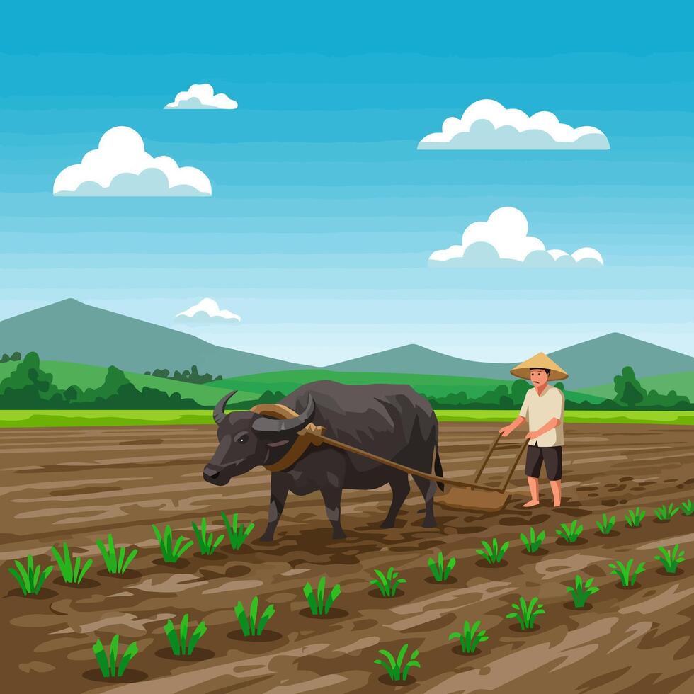 Plowing Field with Buffalo Agriculture Landscape vector