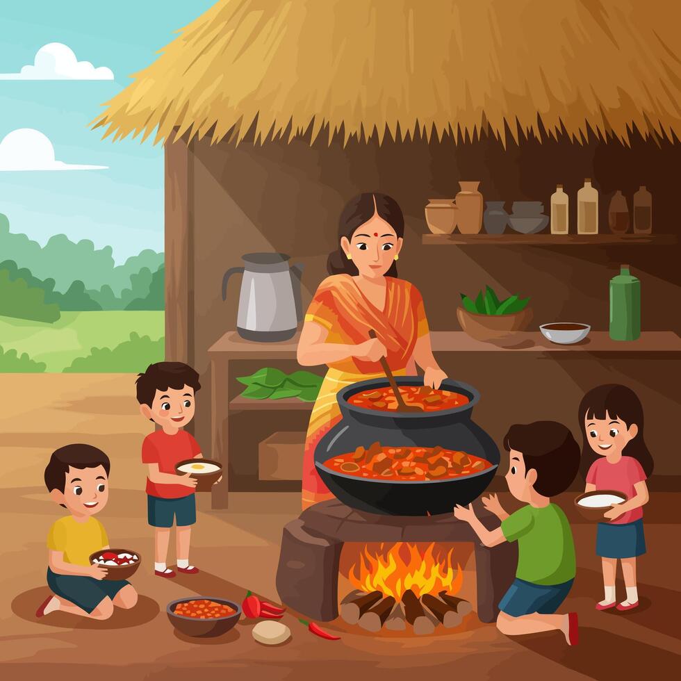 Woman Cooking Food with Children Near Hut Illustration vector