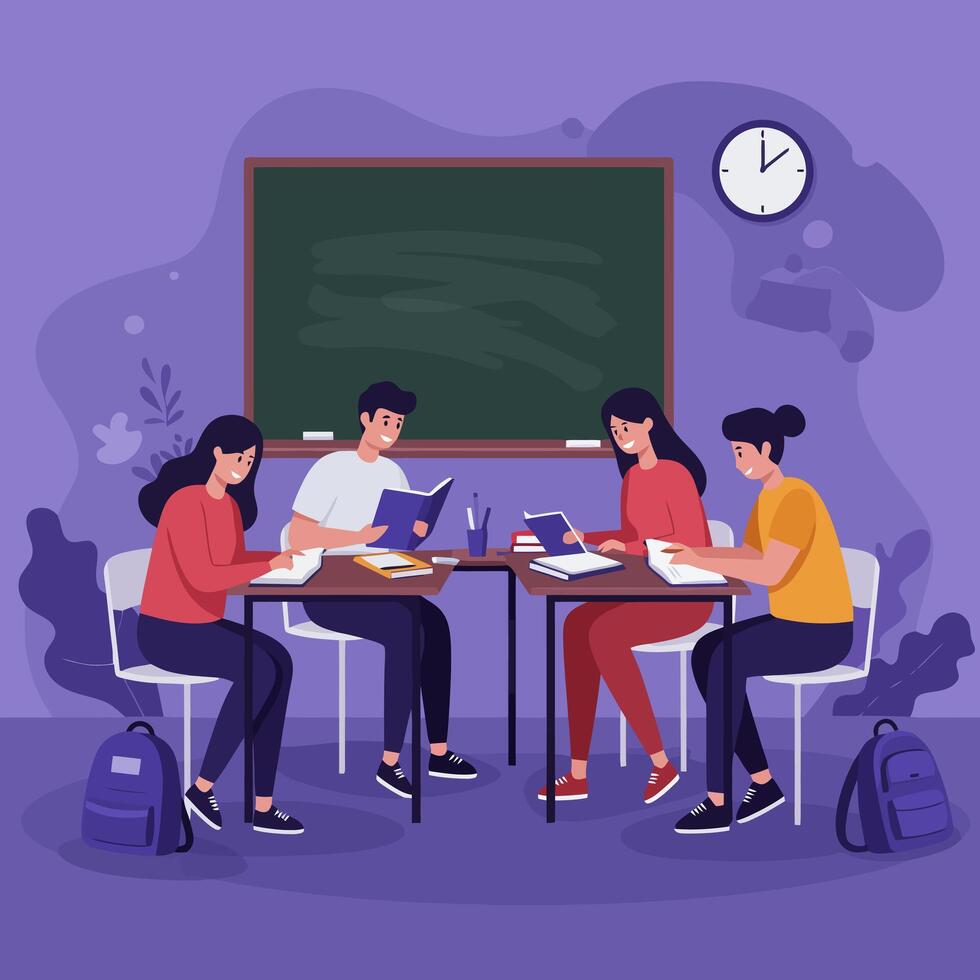 Students Studying Together in Classroom with Chalkboard Clock vector