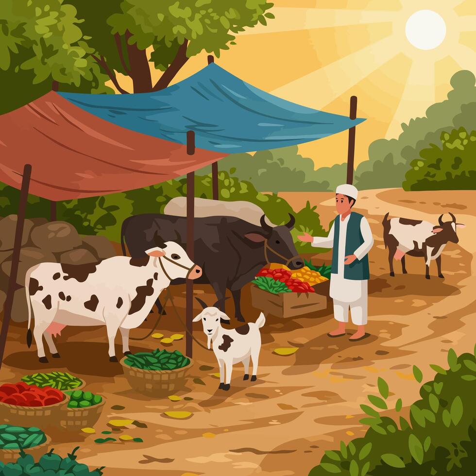 Outdoor Farmer Selling Vegetables with Animals Artwork vector