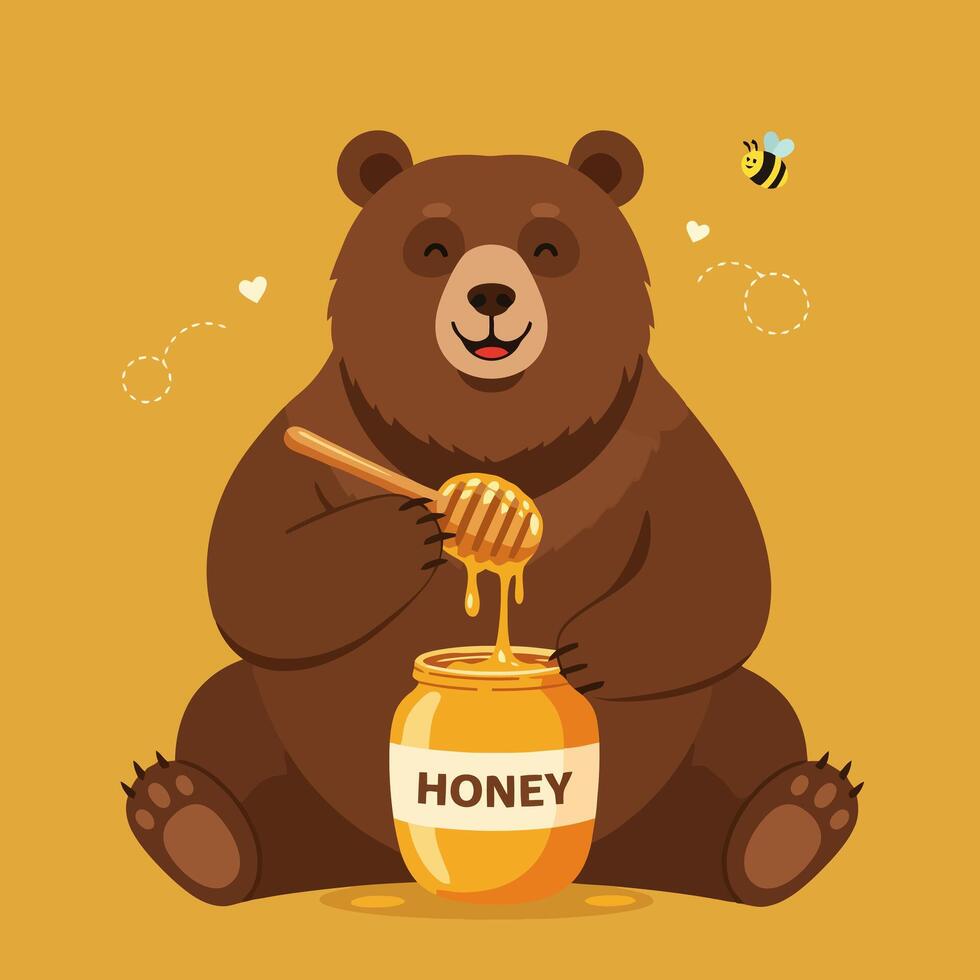 Bear Eating Honey From a Jar with a Honey Dipper vector