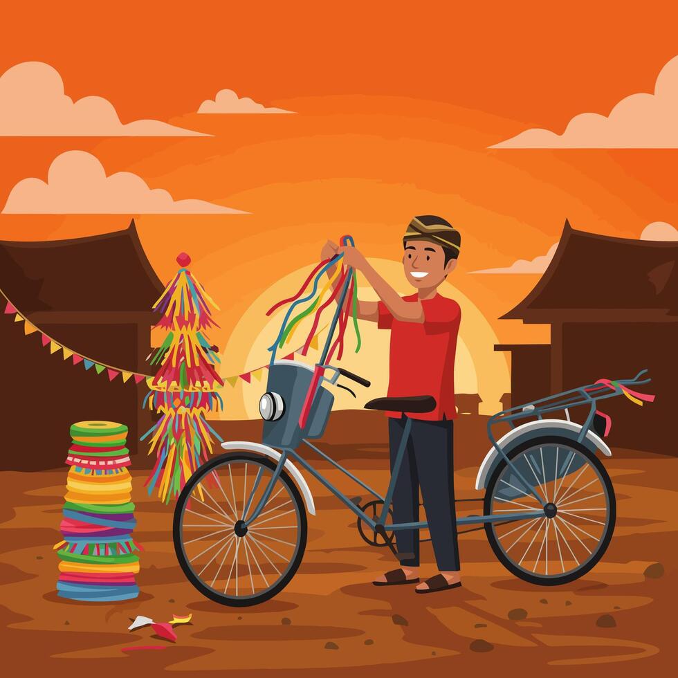 Man Preparing Bicycle Decoration for Cultural Event at Sunset vector