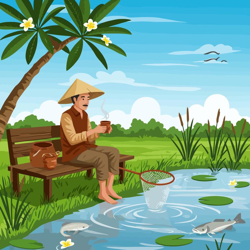Man Relaxing by Pond with Drink and Fishing Net vector